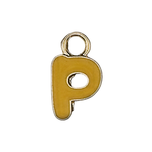 close-up of a small yellow lowercase letter p charm with gold outline on a black background