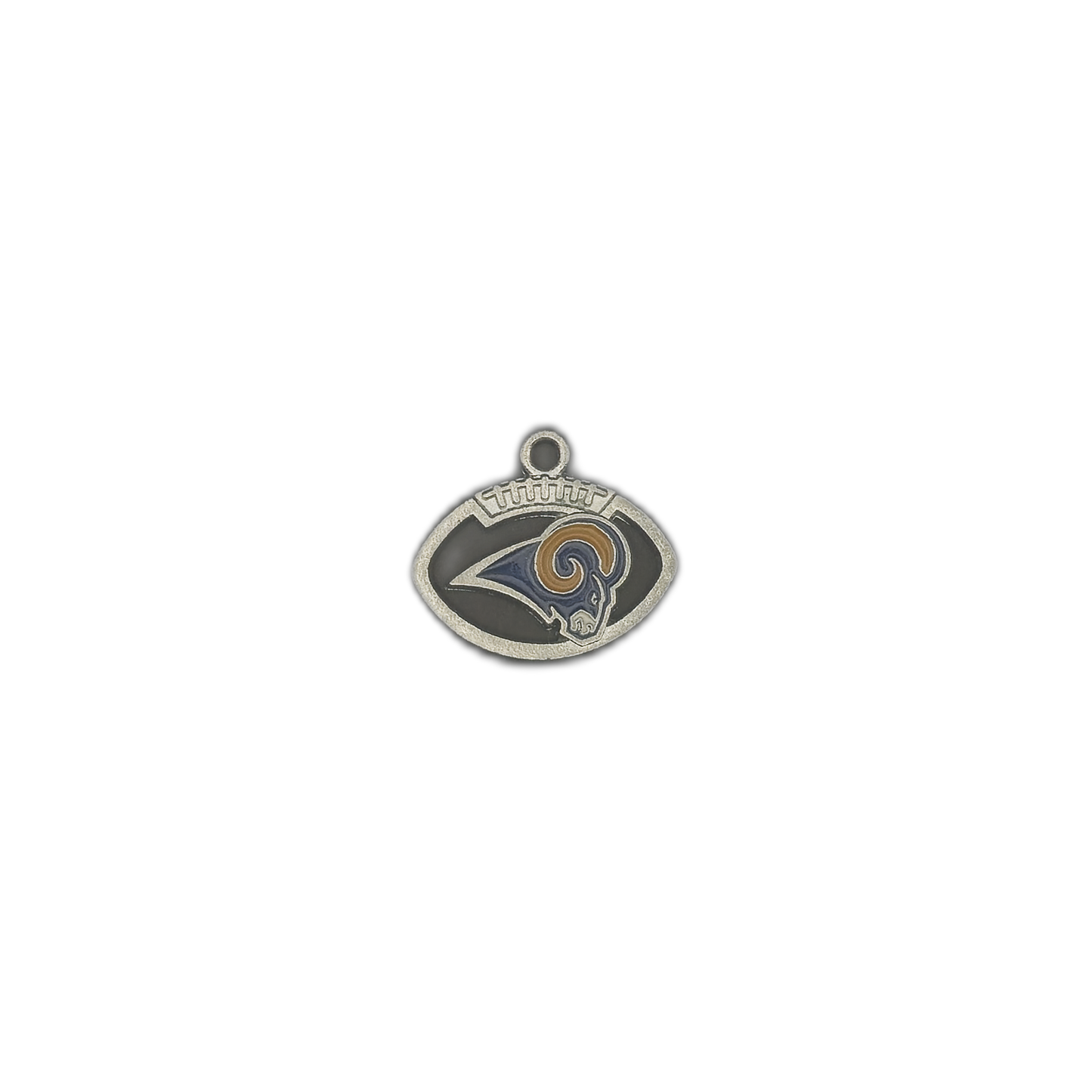 small football-shaped ram head charm centered on black background