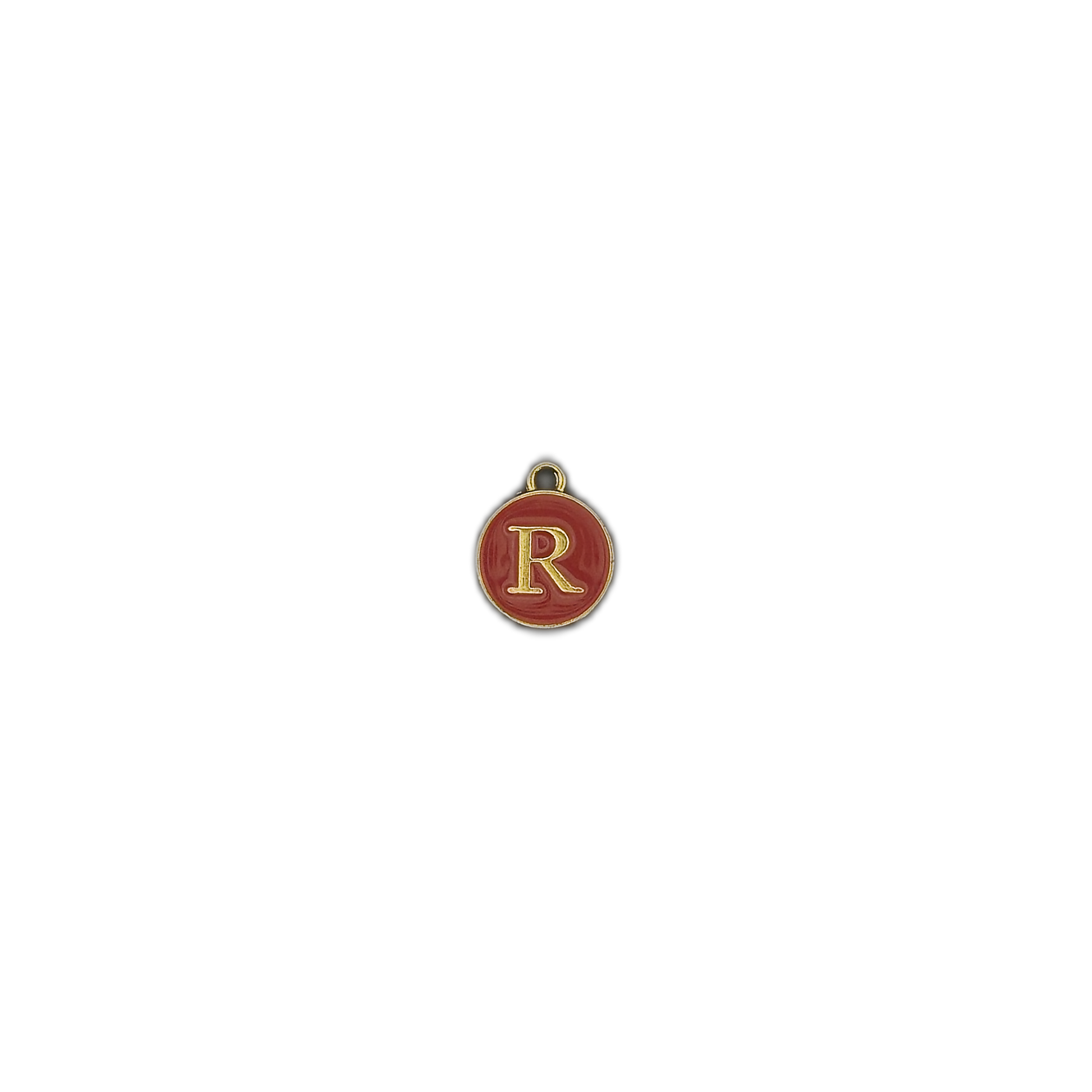 small round red enamel letter R charm centered on black background