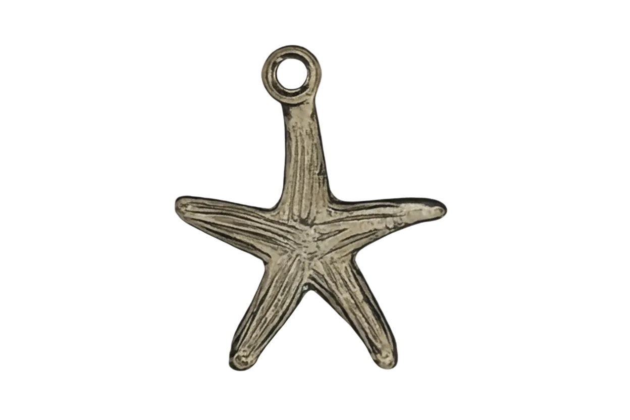 close-up of a gold-tone starfish charm on a black background