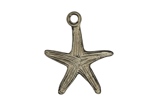 close-up of a gold-tone starfish charm on a black background