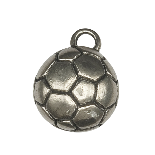 close-up of silver soccer ball charm on black background