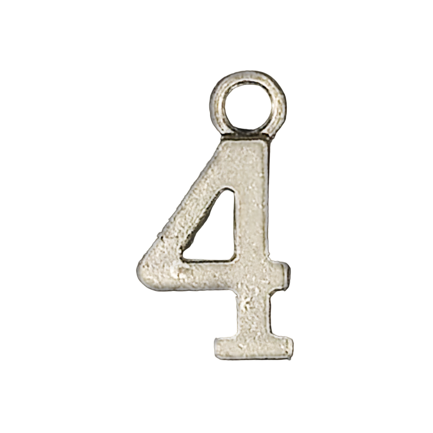 close-up of a silver number 4 charm on a black background