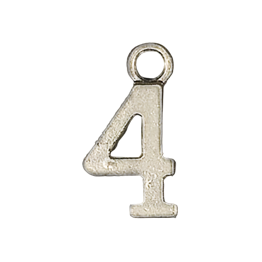 close-up of a silver number 4 charm on a black background