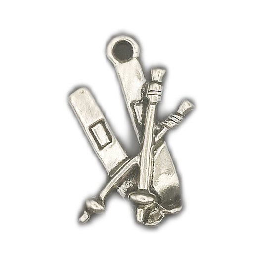 silver ski equipment charm with ski, poles, and boot on black background