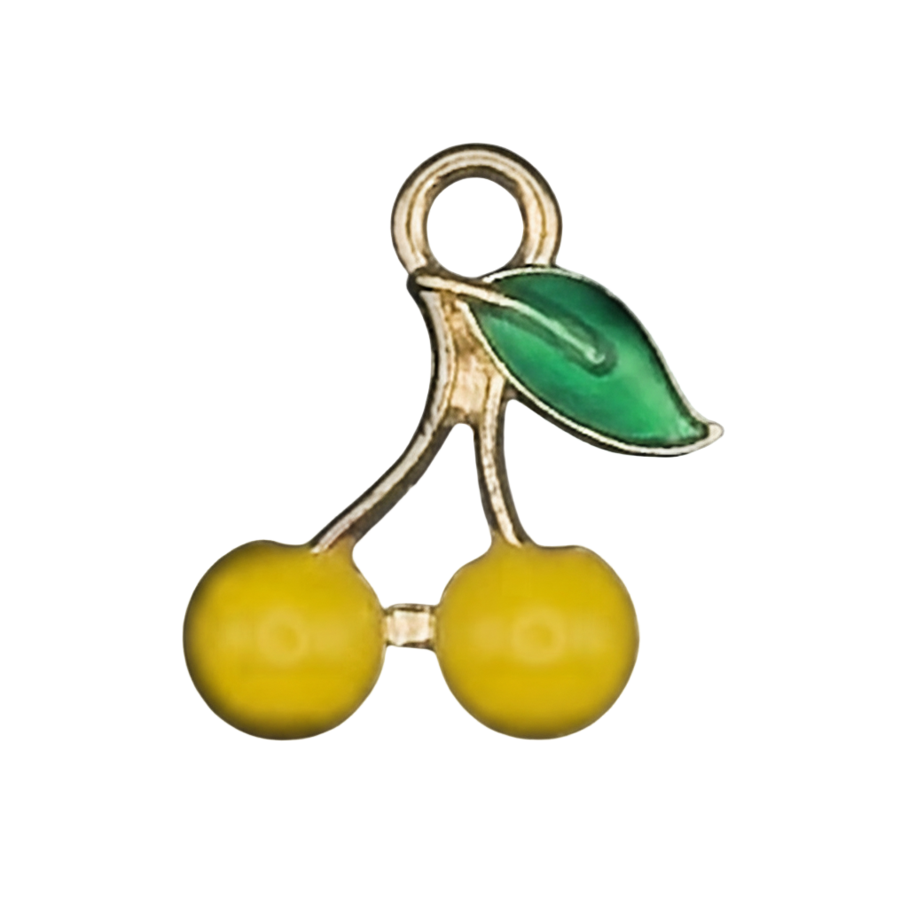 close-up of a small yellow cherry charm with a green leaf and gold-tone outline