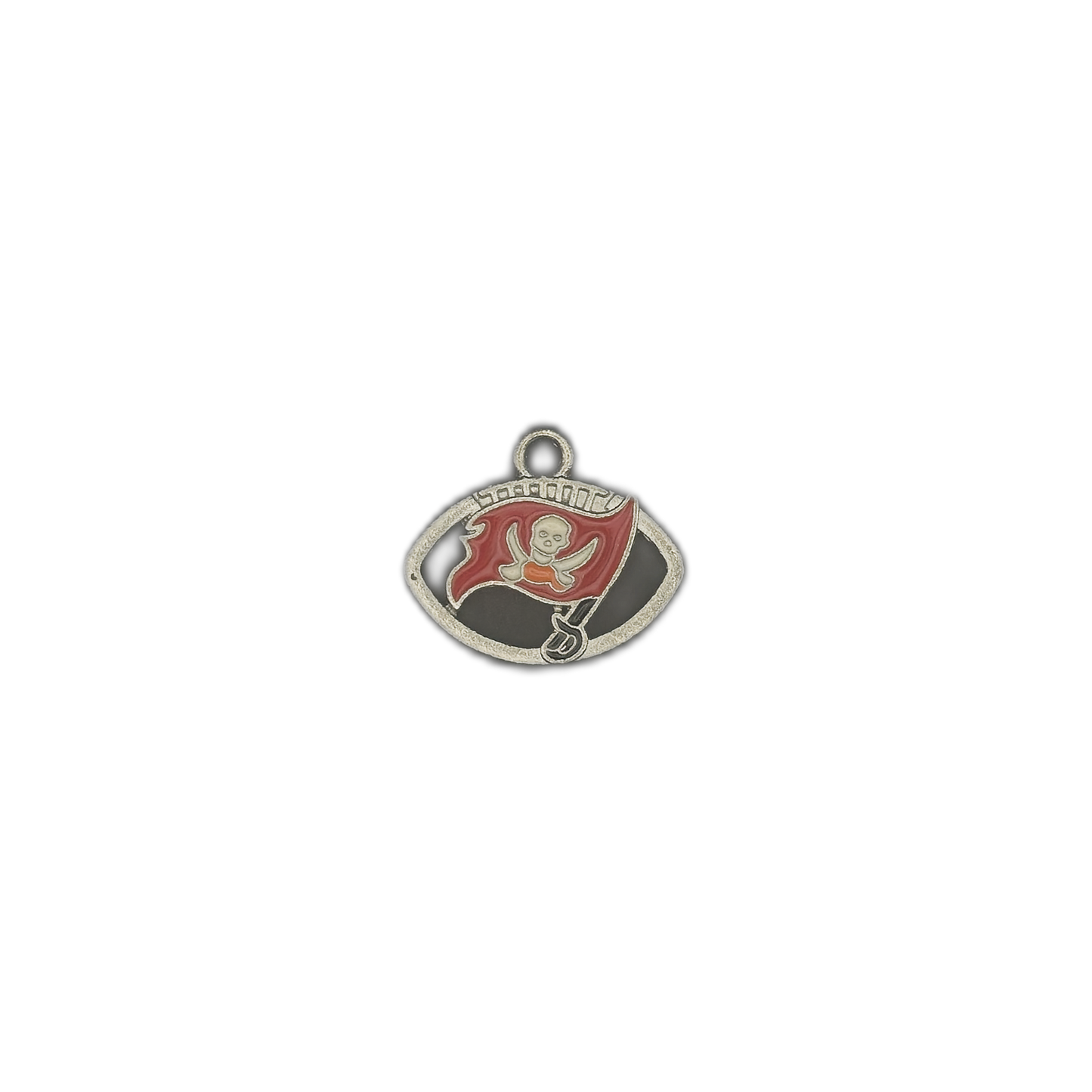small football charm with red skull flag on black background