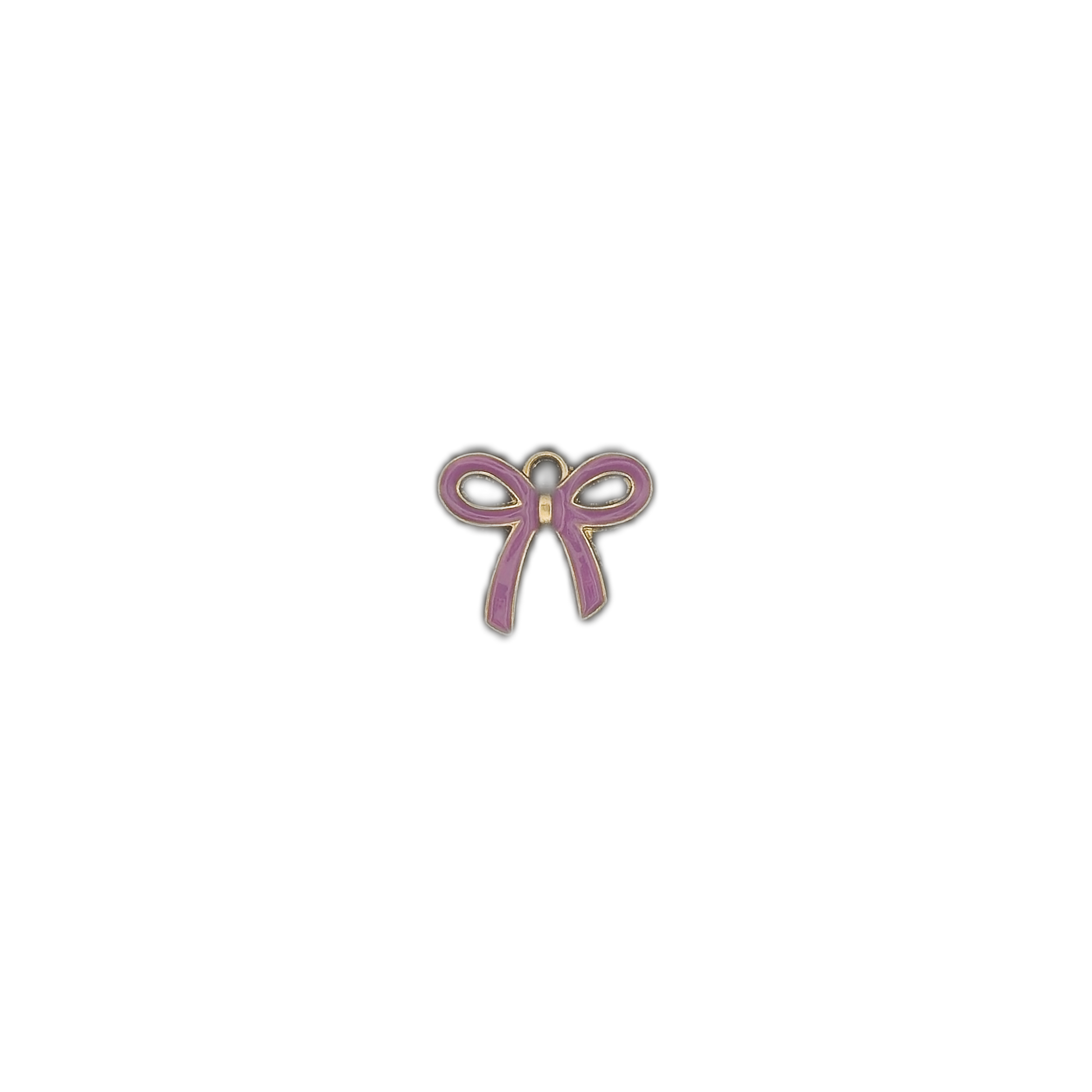 small lavender bow charm with gold outline centered on black background