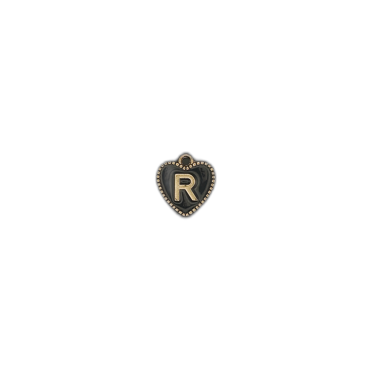 small heart-shaped charm with gold letter R on black background