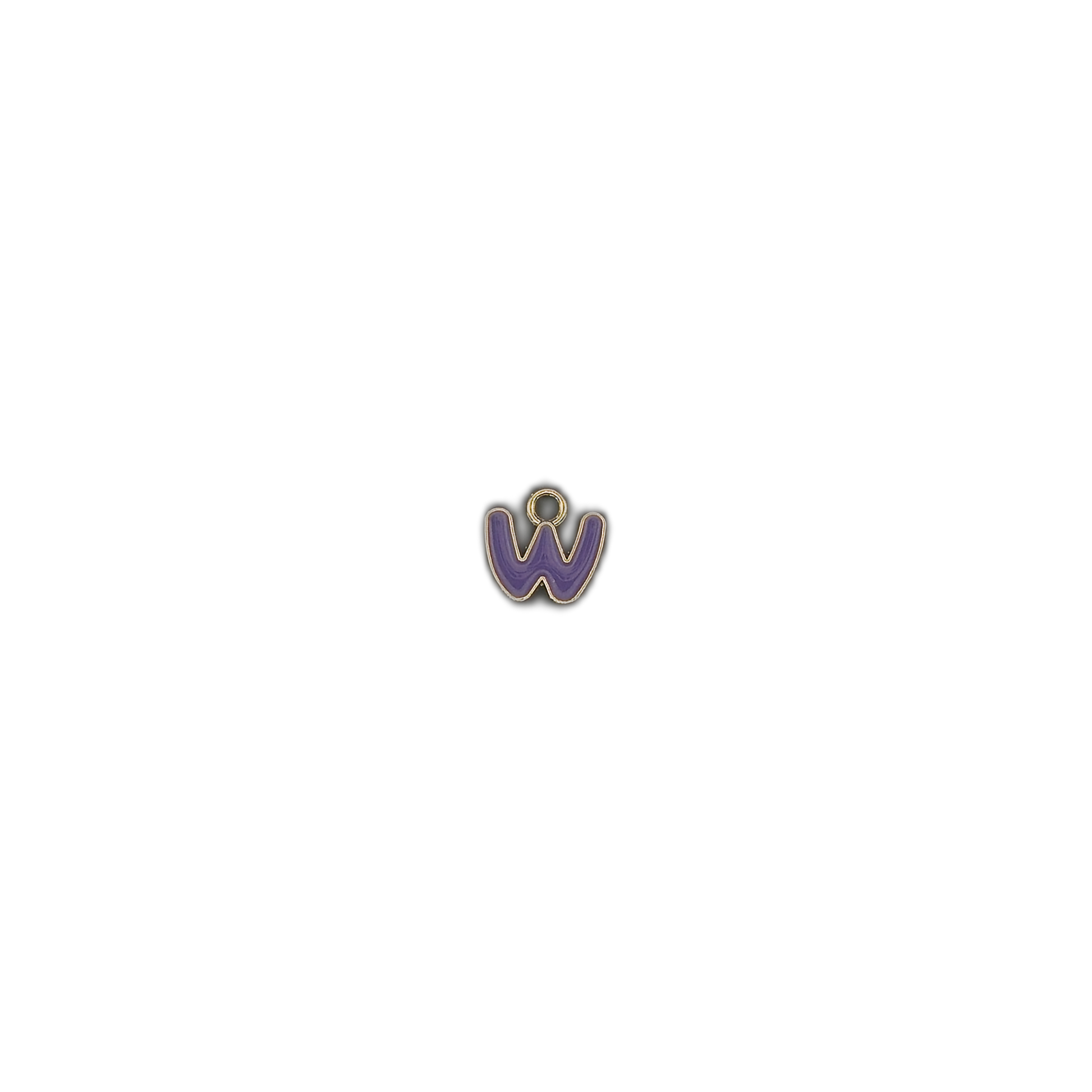 small purple letter W charm with gold edges centered on a black background