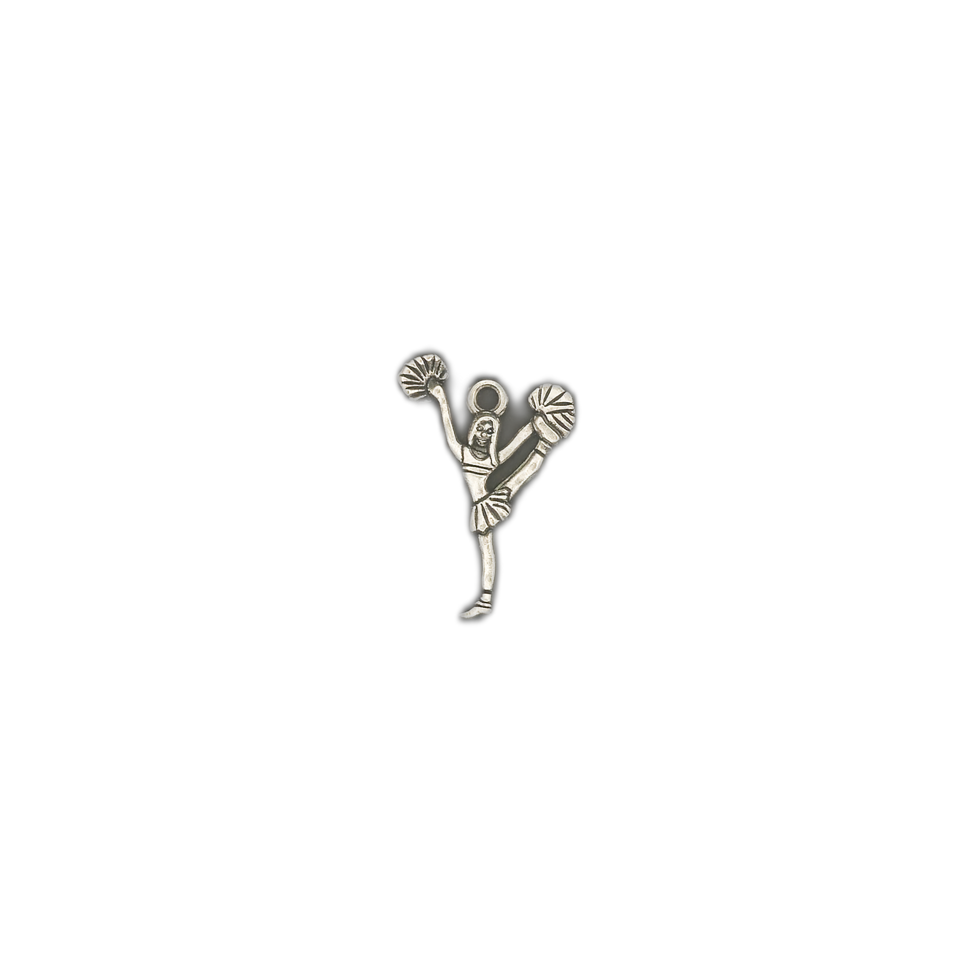 small cheerleader charm holding two pom-poms, one leg lifted high