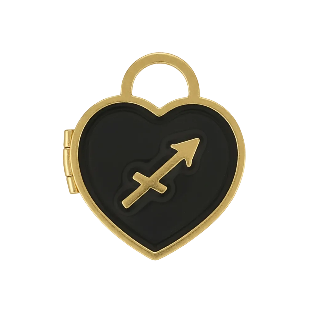close-up of a heart-shaped black enamel charm with a Sagittarius arrow symbol and gold-tone edges
