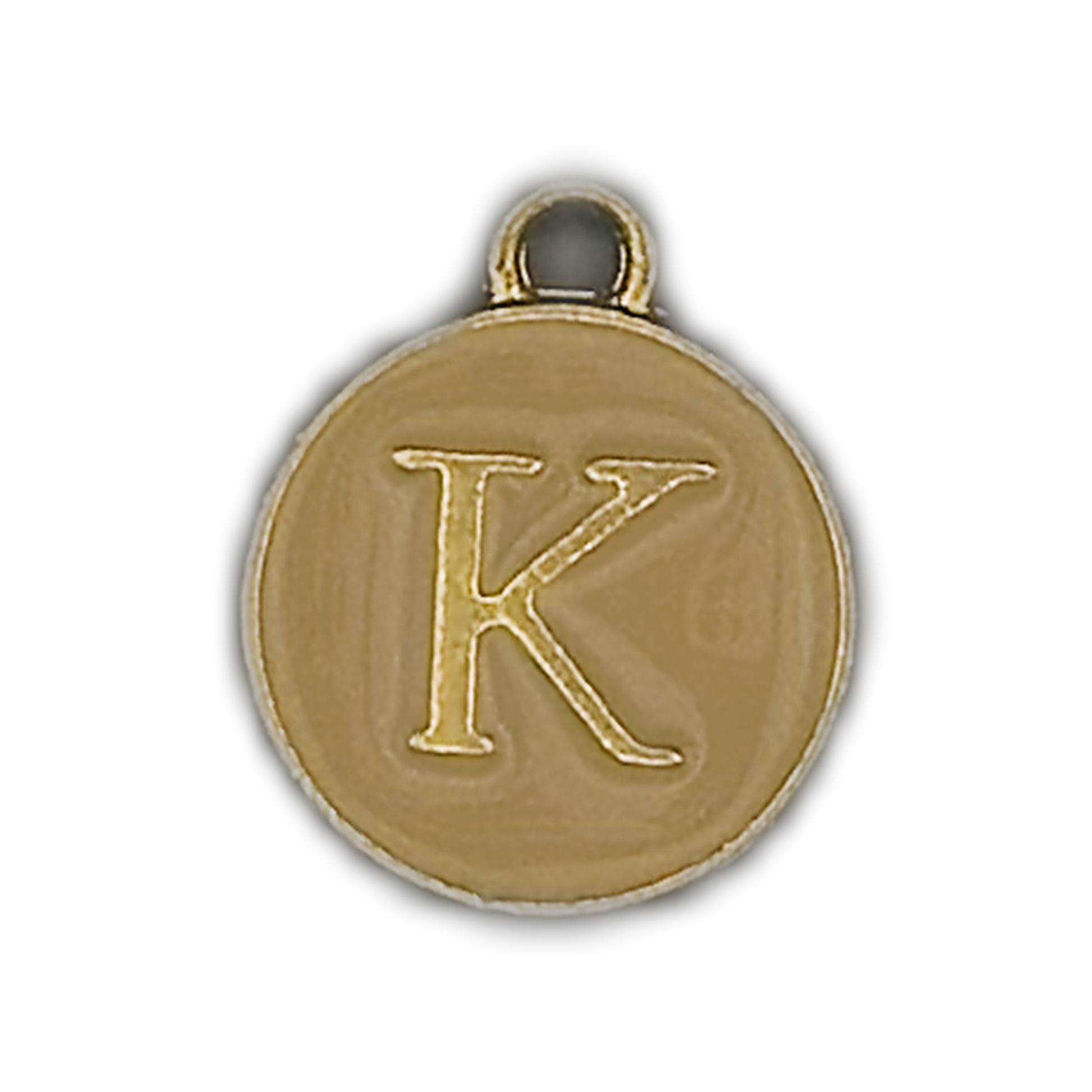 close-up of a round gold charm with the letter K on a black background