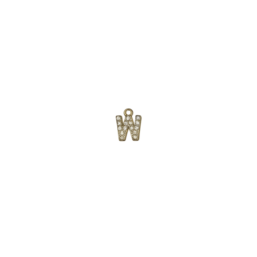small gold-tone letter W charm with clear rhinestones centered on a black background