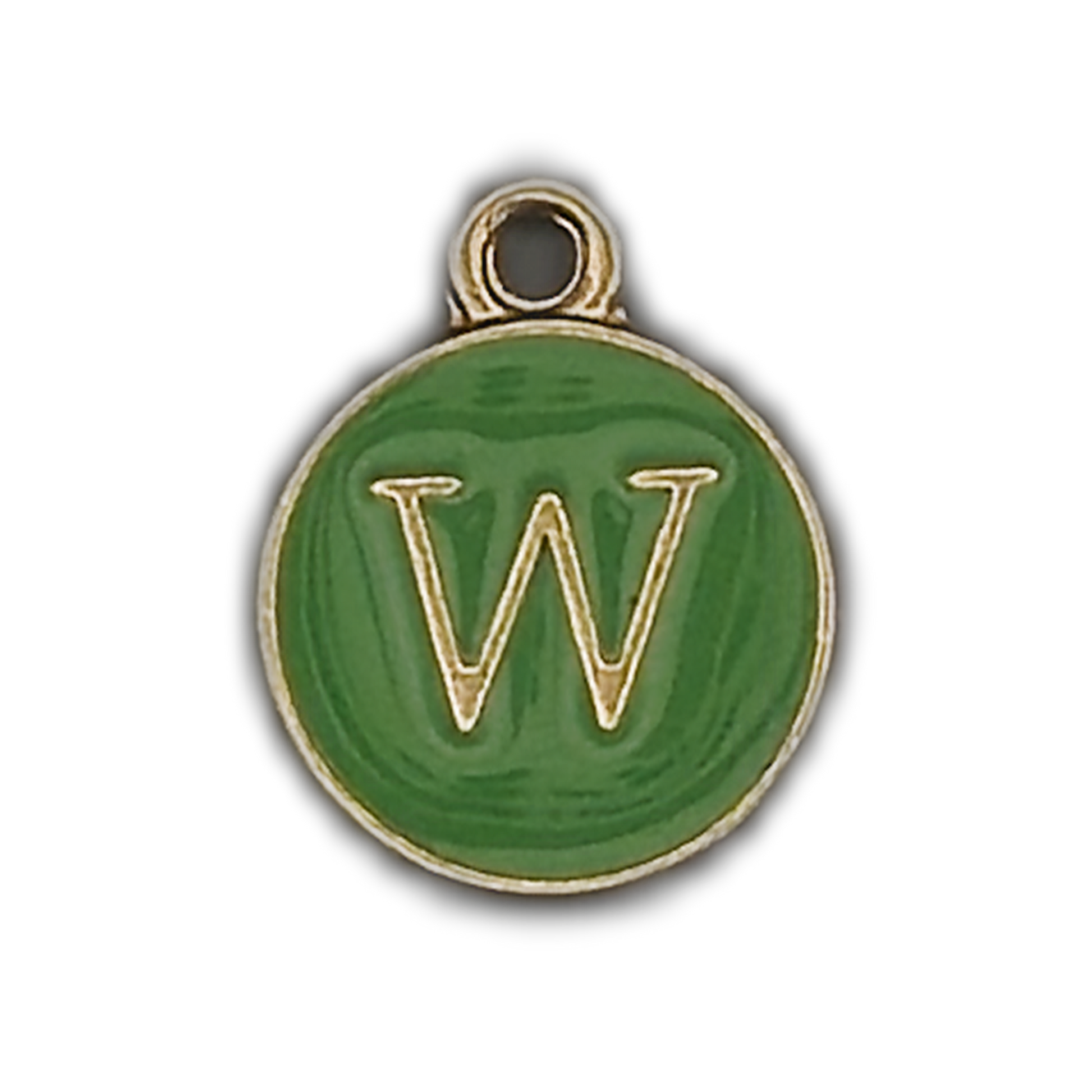 Close-up of round green enamel letter W charm with gold-tone rim on black background.