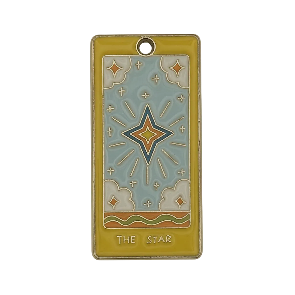 rectangular yellow-border tarot star enamel charm on black background