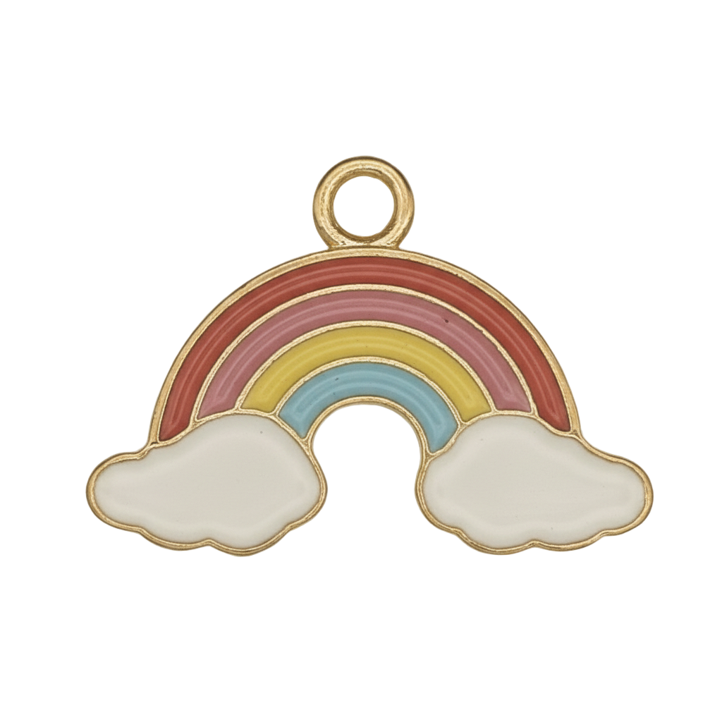 close-up of small enamel rainbow charm with clouds on black background