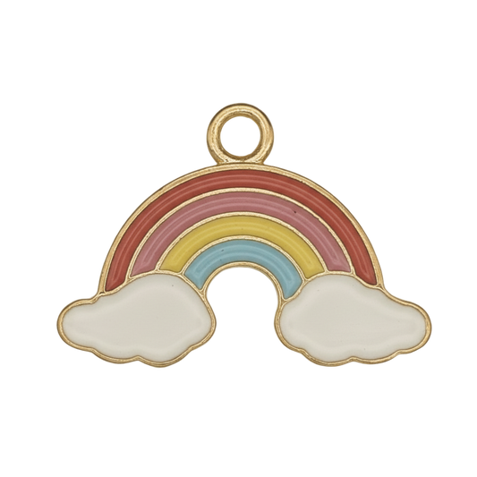 close-up of small enamel rainbow charm with clouds on black background