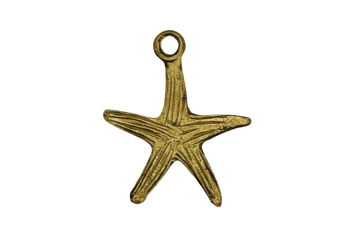 close-up of a gold-tone starfish charm on black background