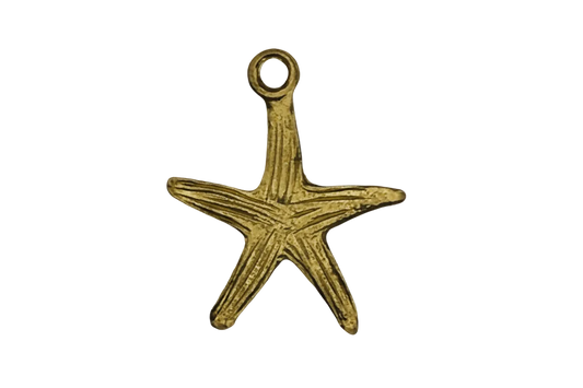 close-up of a gold-tone starfish charm on black background