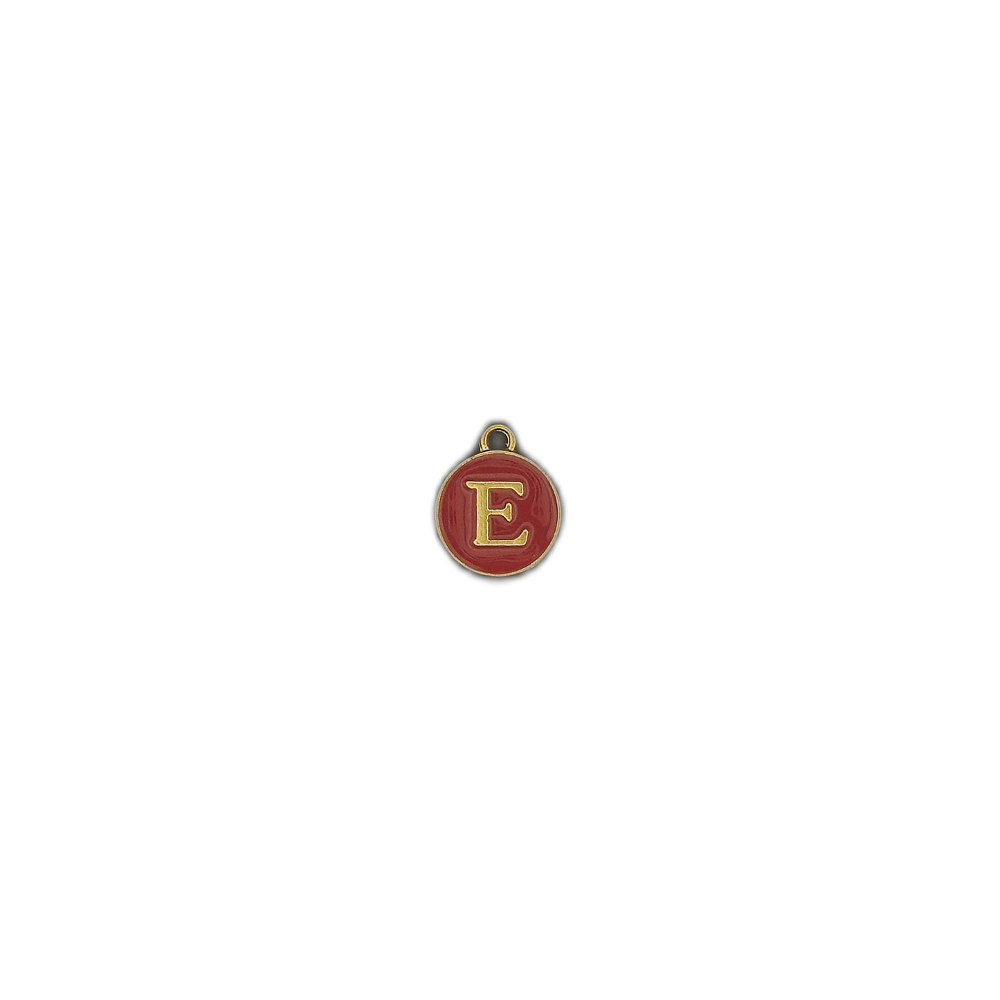 small round red enamel letter E charm centered on a black background