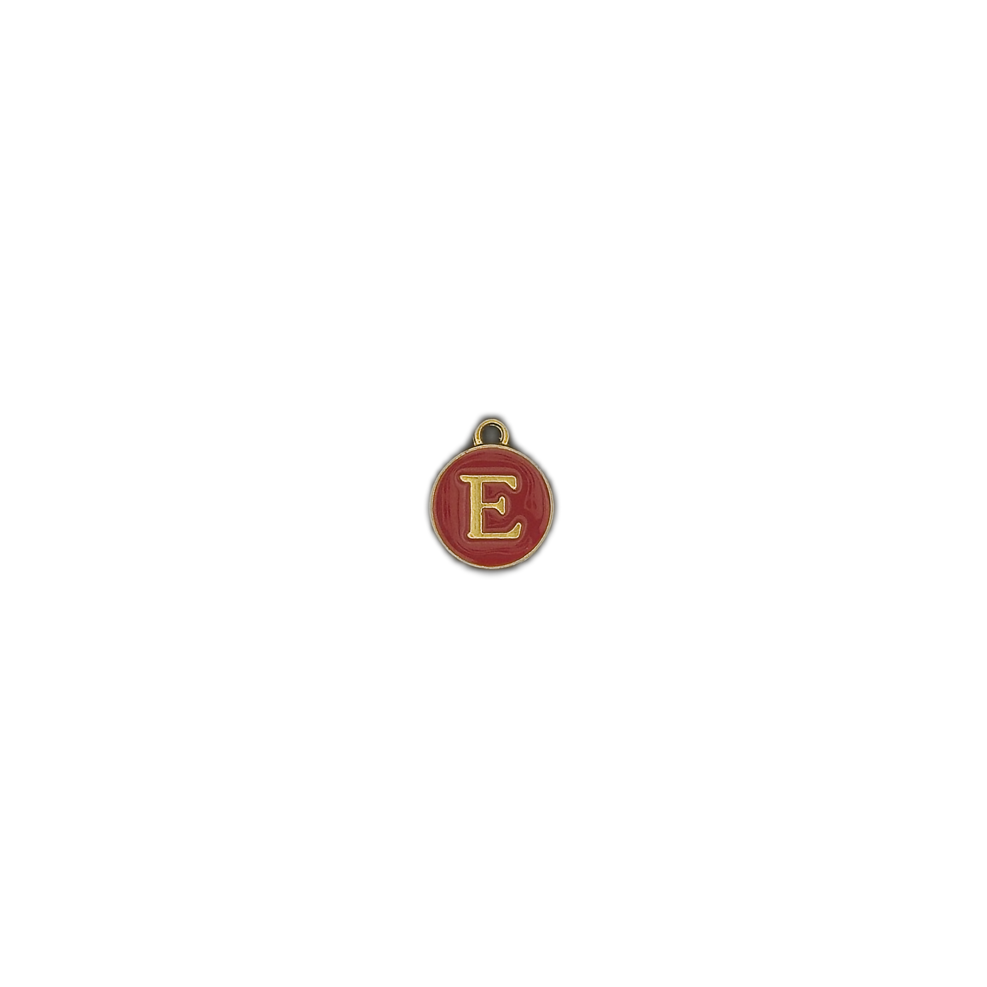 small round red enamel letter E charm centered on a black background