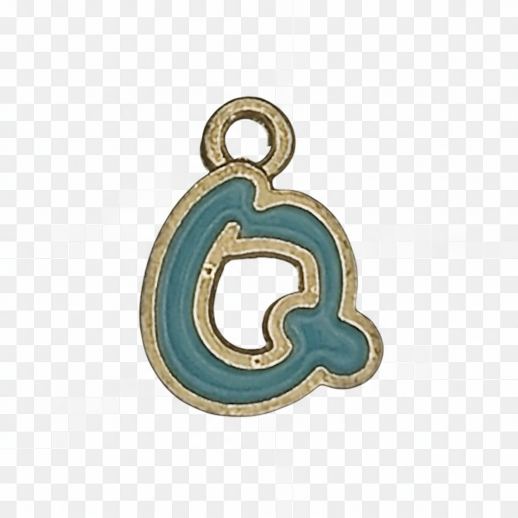 close-up of a turquoise enamel lowercase letter a charm with gold outline on a black background