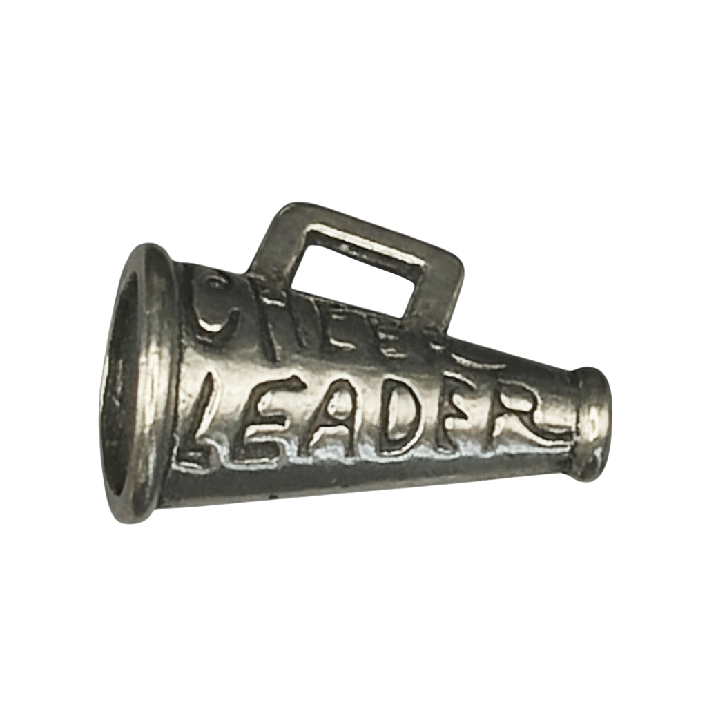 close-up of a silver-tone megaphone charm engraved with CHEER LEADER