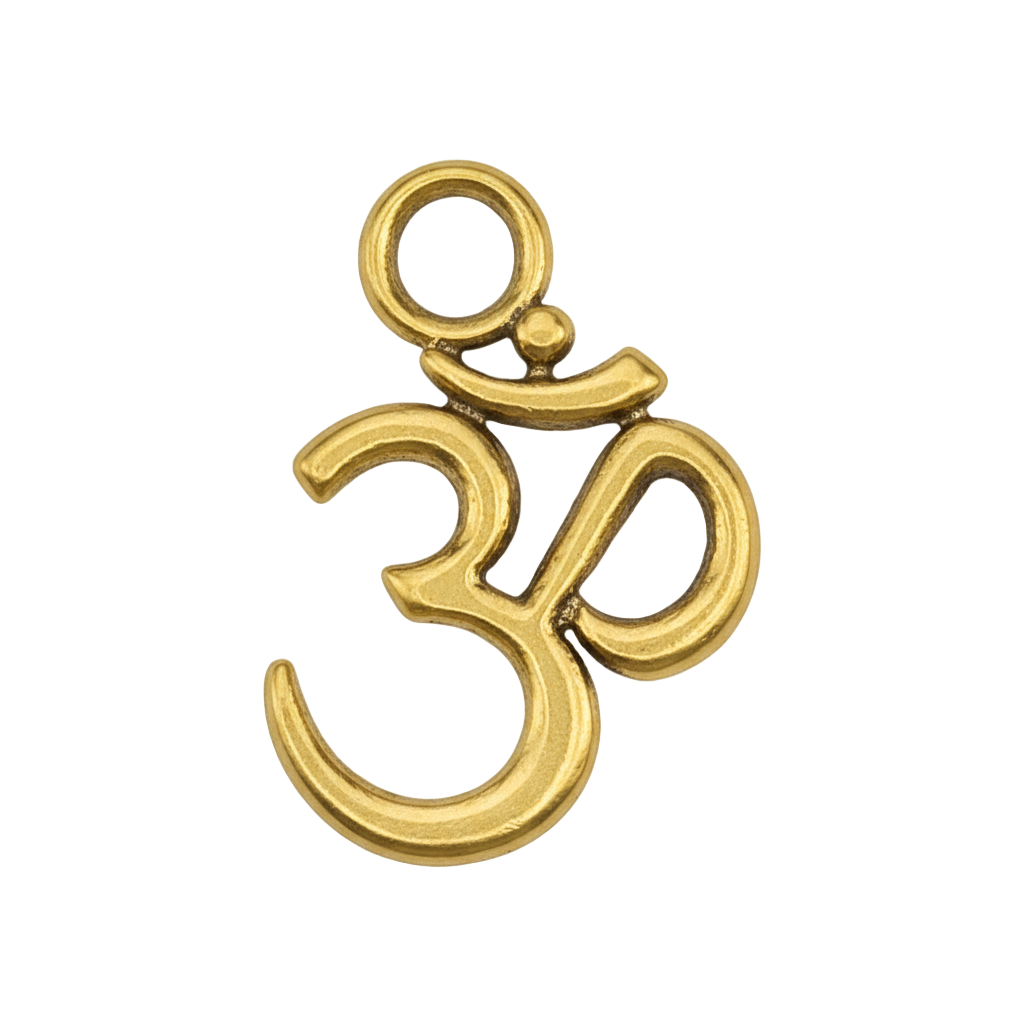 Close-up of a small gold-tone Om symbol charm on a black background.