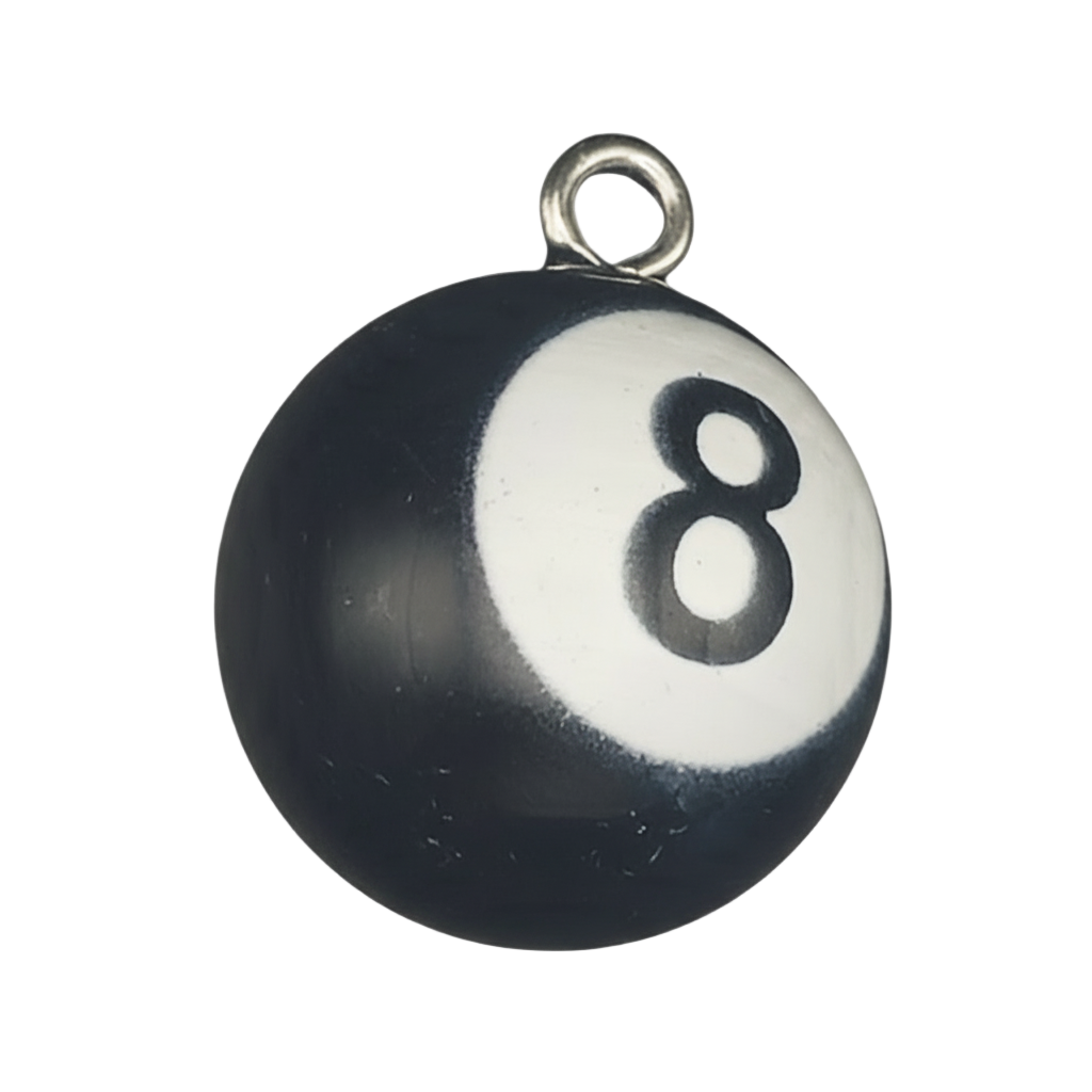 close-up of black and white 8-ball pool charm with small metal loop