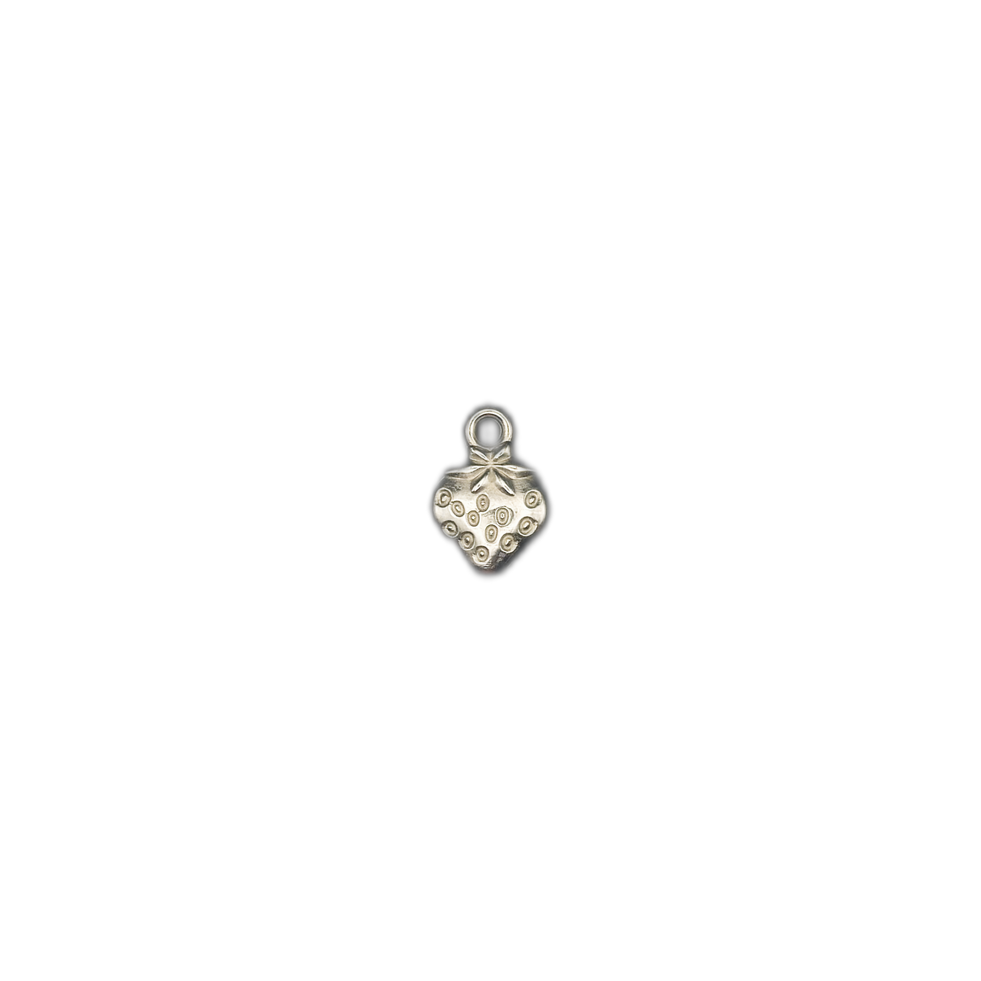 small silver strawberry charm centered on black background