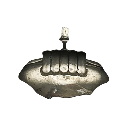 close-up of a silver-tone charm shaped like a hand showing the middle finger on a black background