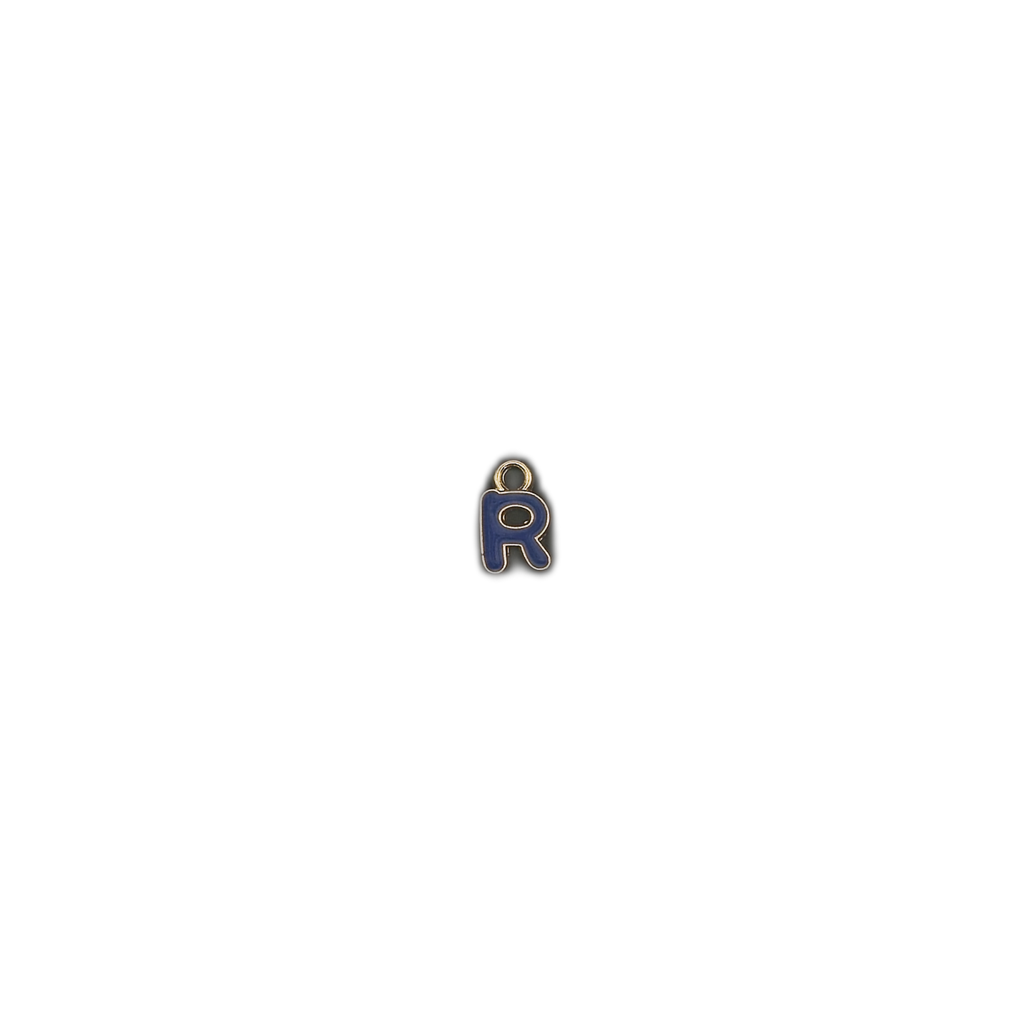 small blue letter R charm centered on black background