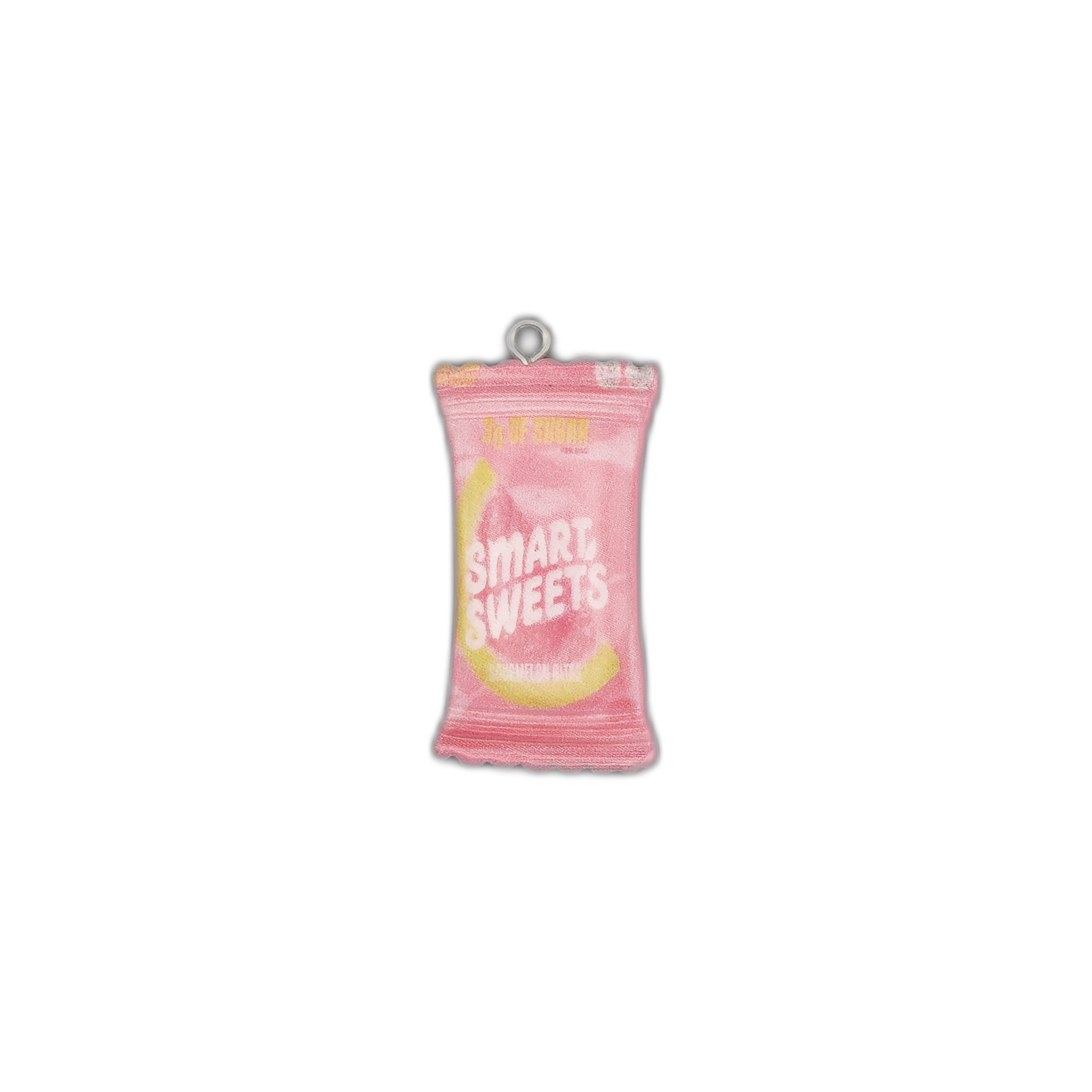 small pink candy packet charm with white lettering and a yellow crescent on black background