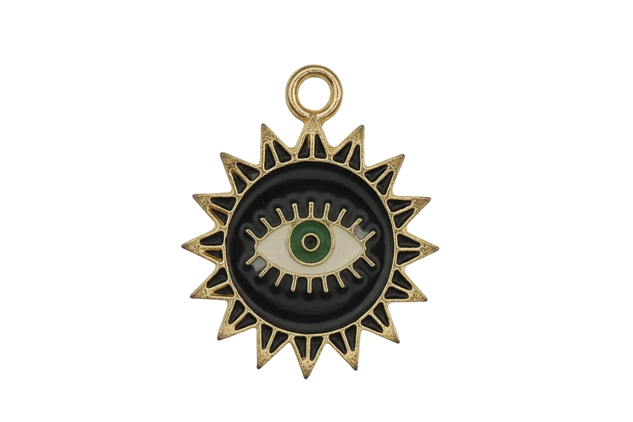 gold sunburst charm with an eye on black enamel