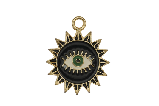 gold sunburst charm with an eye on black enamel