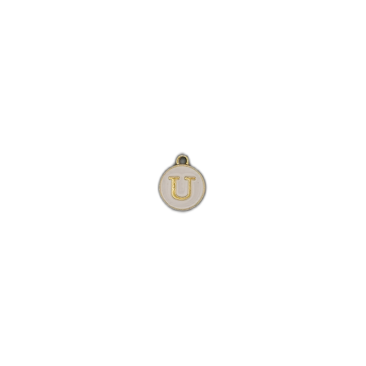 Small round white enamel U letter charm centered on a black background.