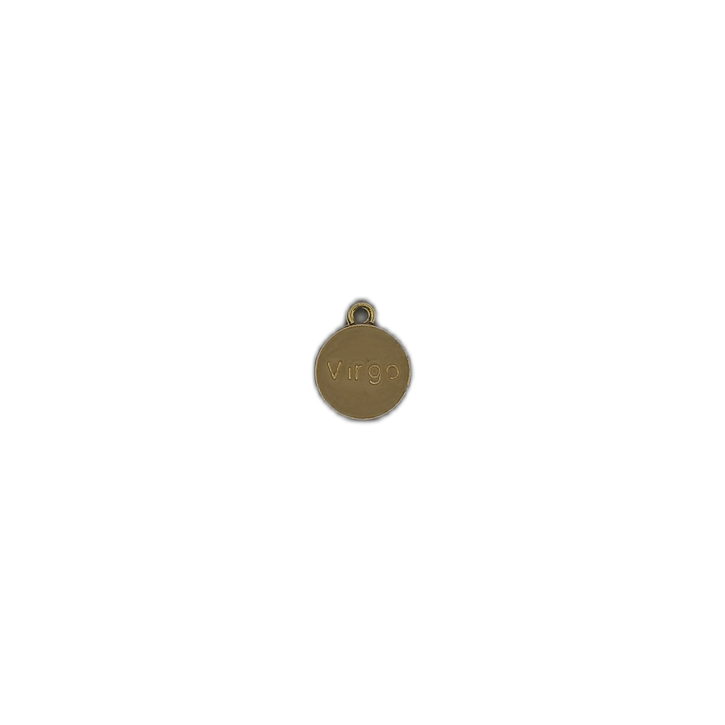 small gold round Virgo charm centered on a black background