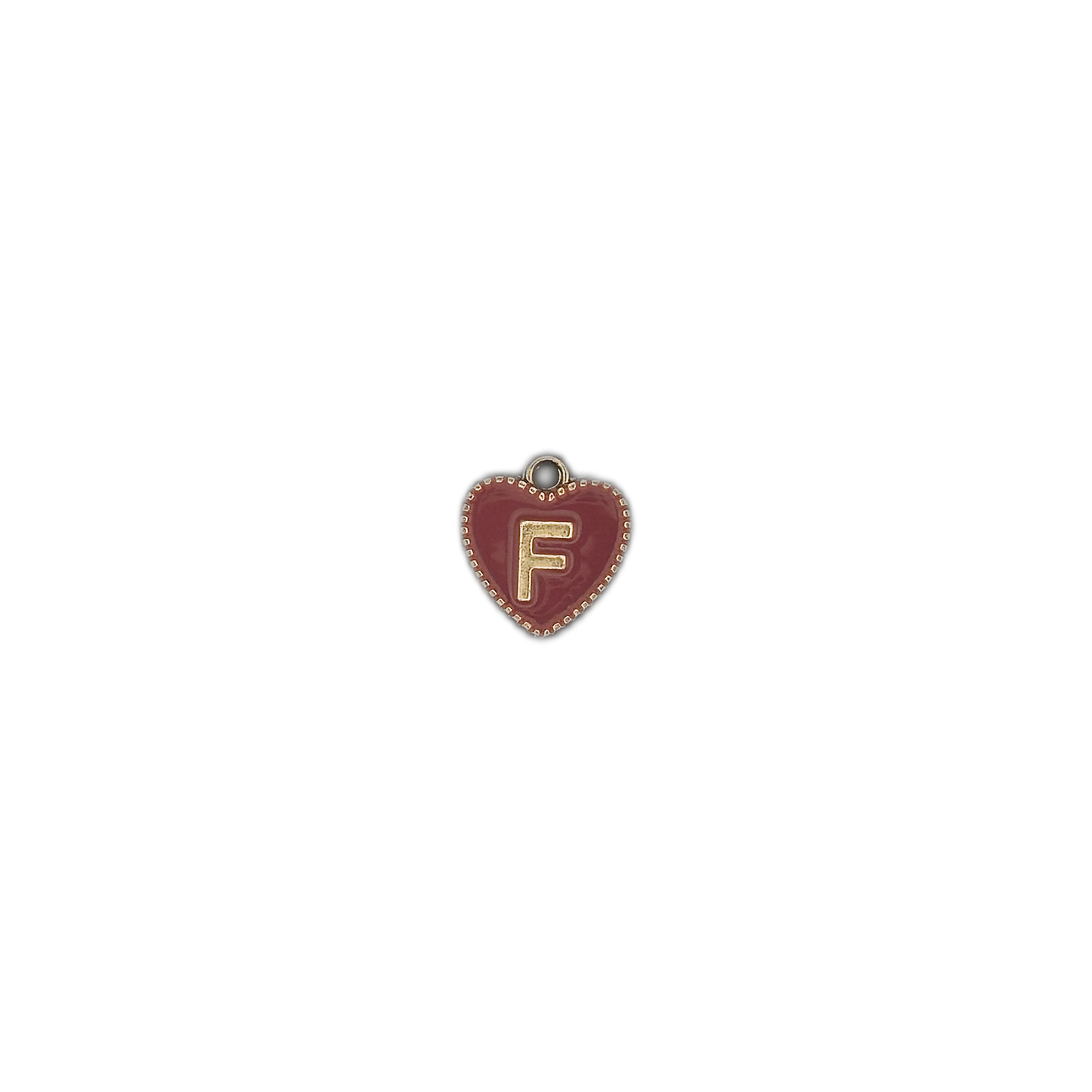 Small burgundy enamel heart charm with a gold letter F on a black background.