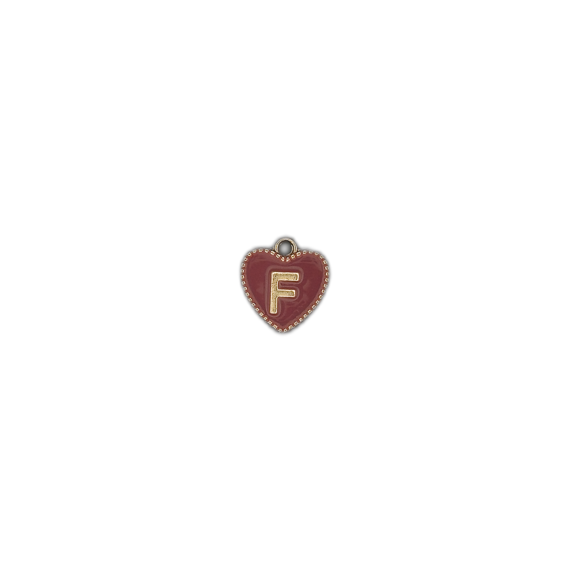 Small burgundy enamel heart charm with a gold letter F on a black background.