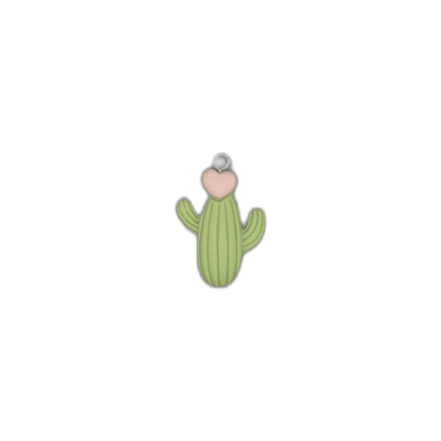 Centered view of a small cactus and heart charm on a black background.