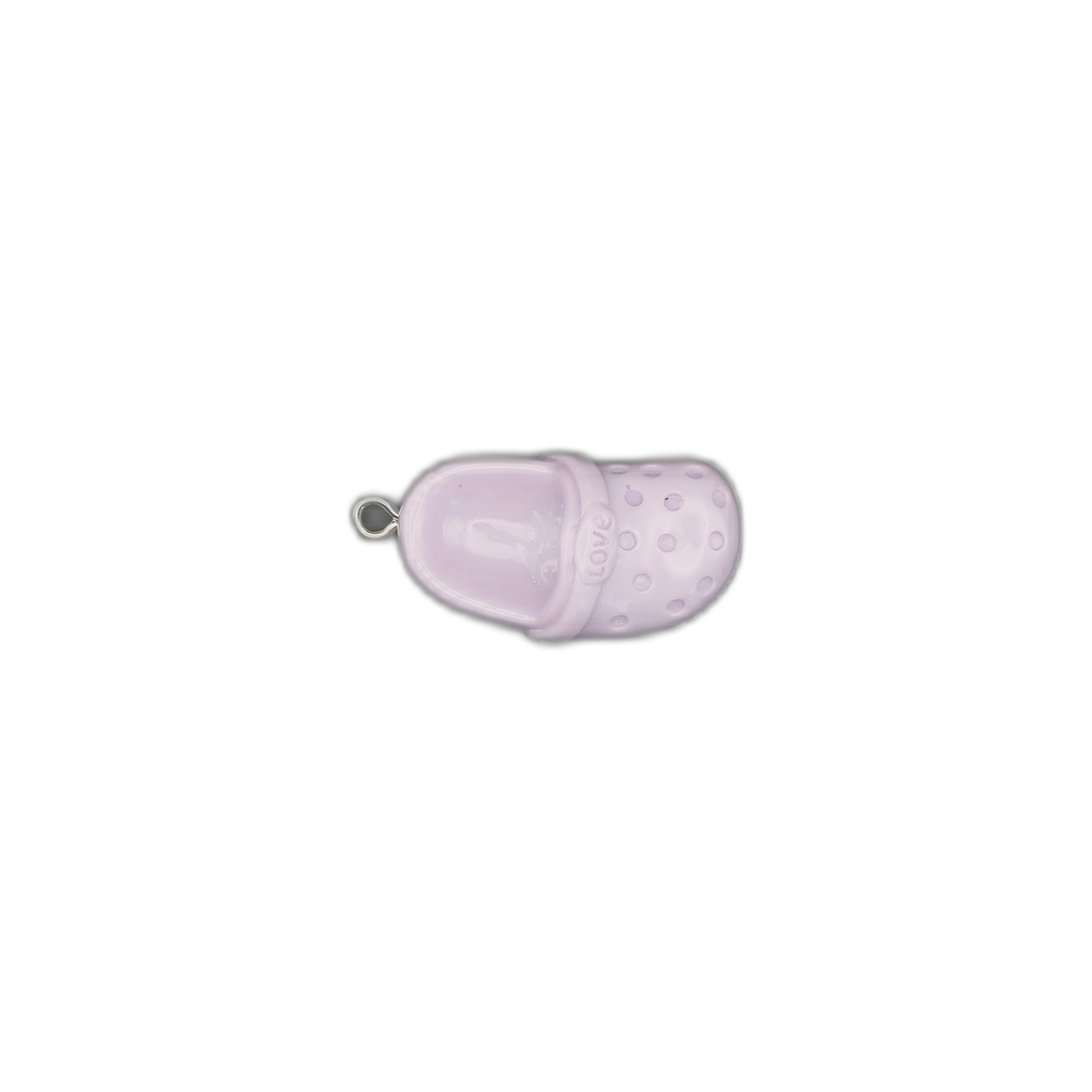 Lavender clog shoe charm with perforations and 'love' on the strap, centered on black background.