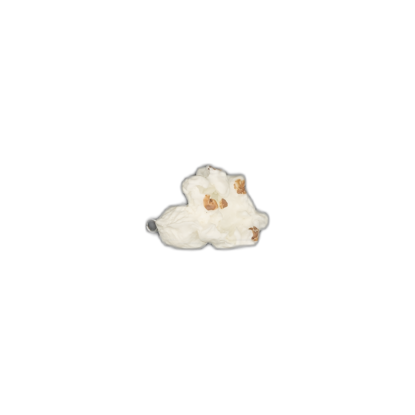 Small popcorn kernel charm centered on a black background.