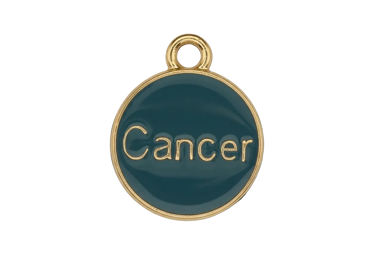 Round teal enamel charm with "Cancer" text and gold-tone rim on black background.