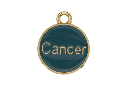 Round teal enamel charm with "Cancer" text and gold-tone rim on black background.