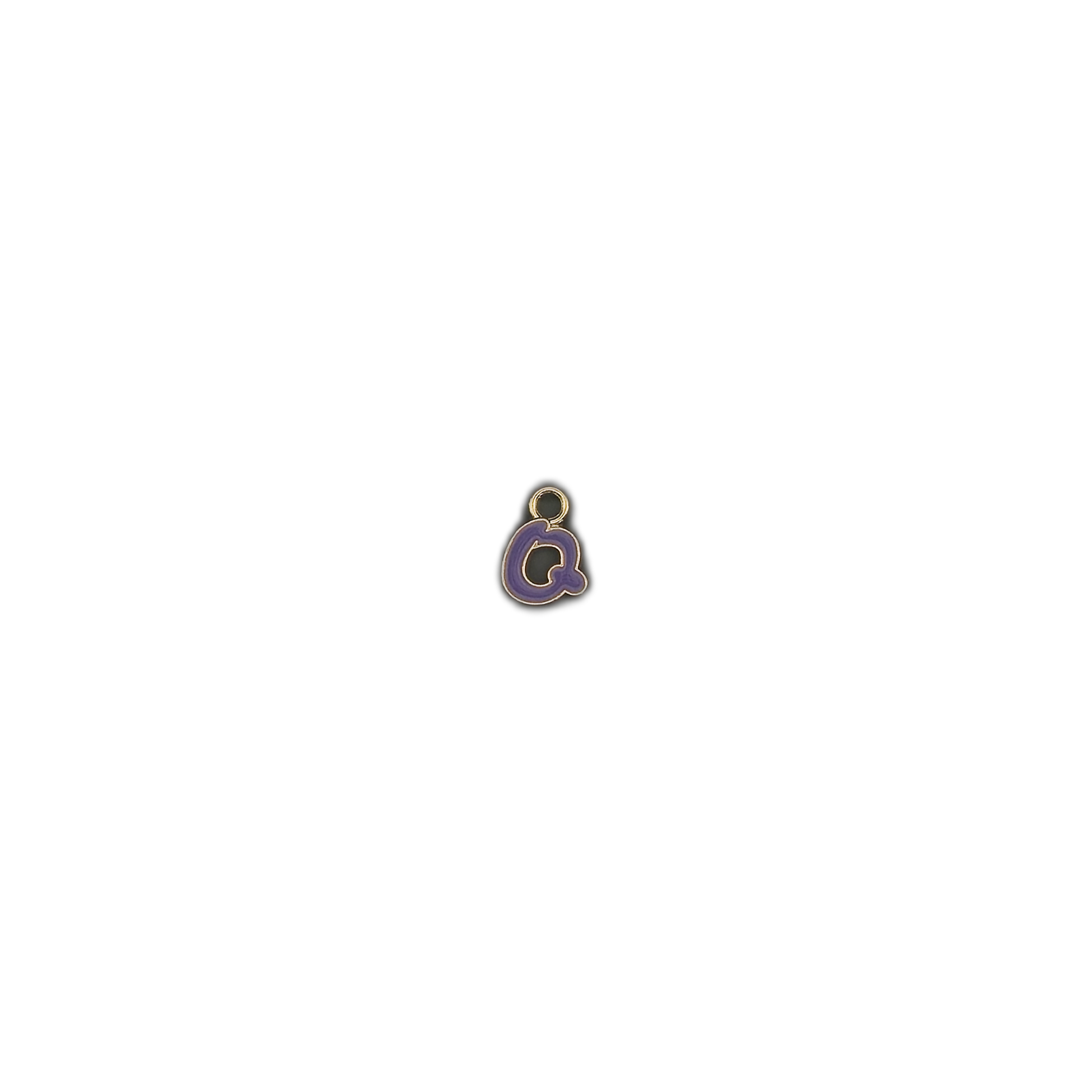 small purple lowercase q charm centered on black background