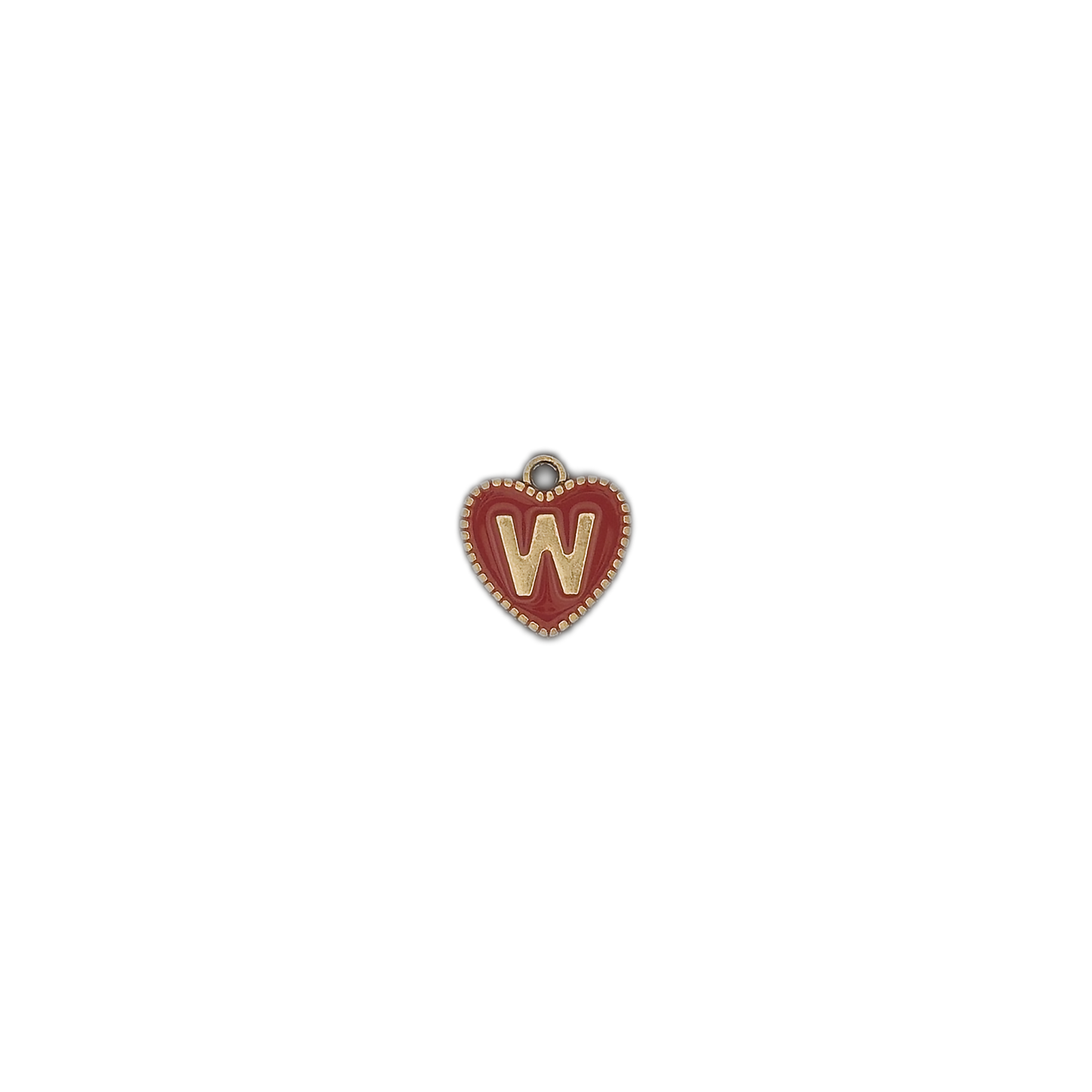 small red heart charm with gold W centered on black background