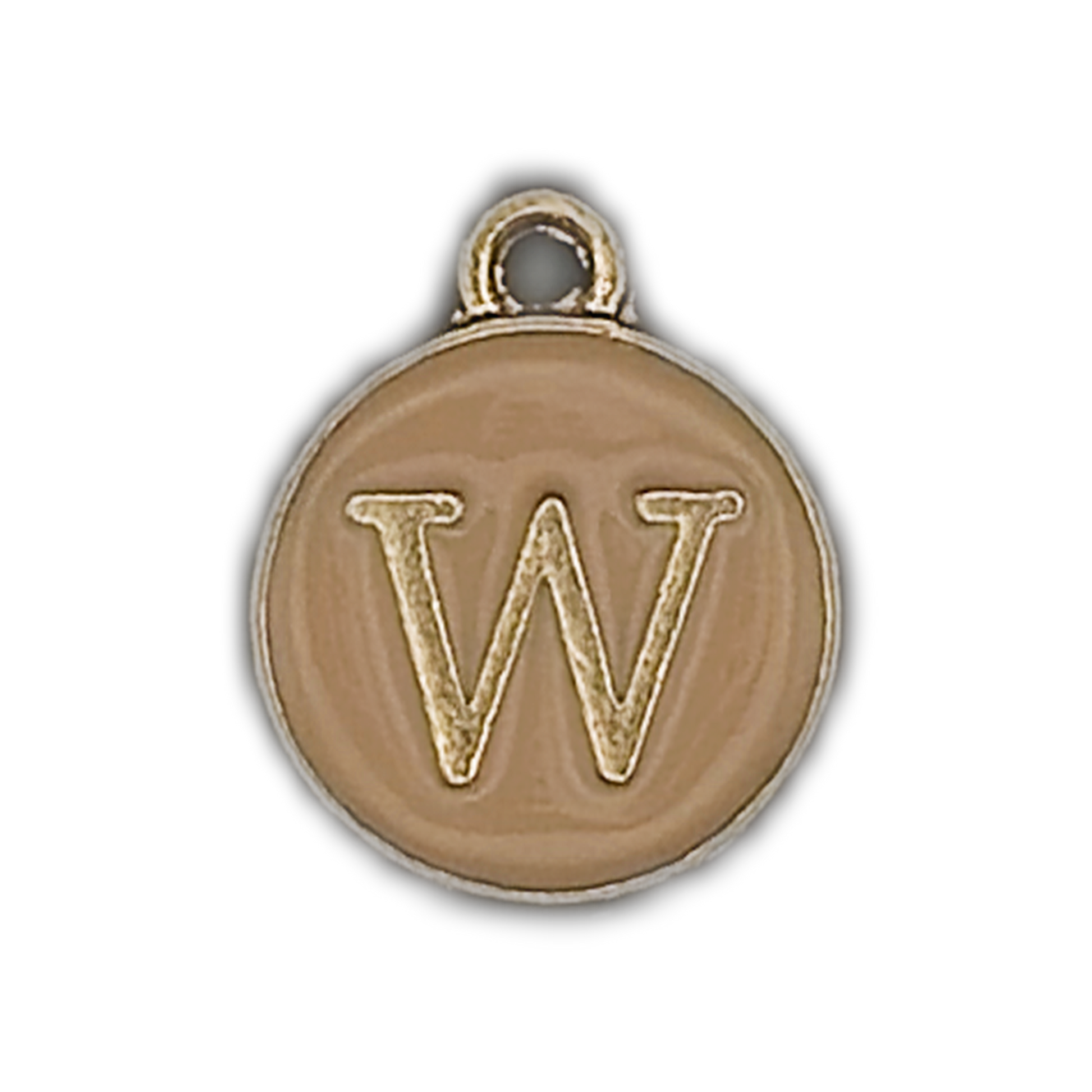 Close-up of a round gold-tone charm with a raised letter W on a beige face against a black background.
