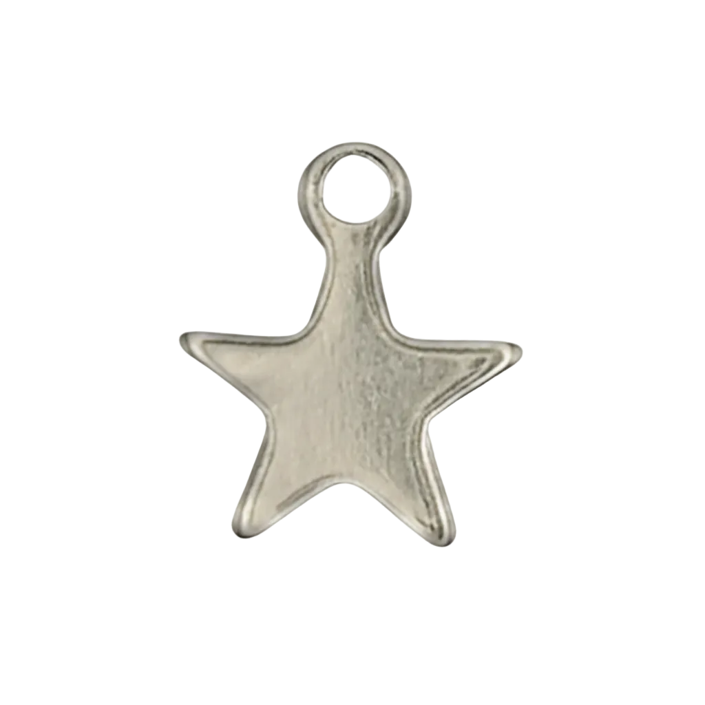 close-up of small silver-tone star charm on black background