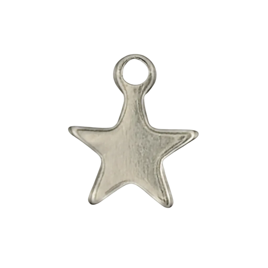 close-up of small silver-tone star charm on black background
